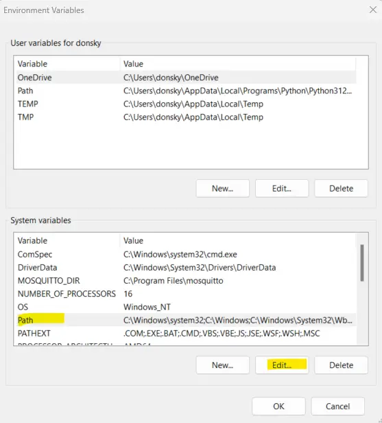 Edith Path environment variable WINDOWS