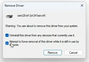 Object Name already exists error - Remove Driver popup
