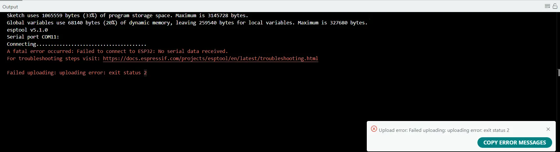 Failed to connect to ESP32 No serial data received