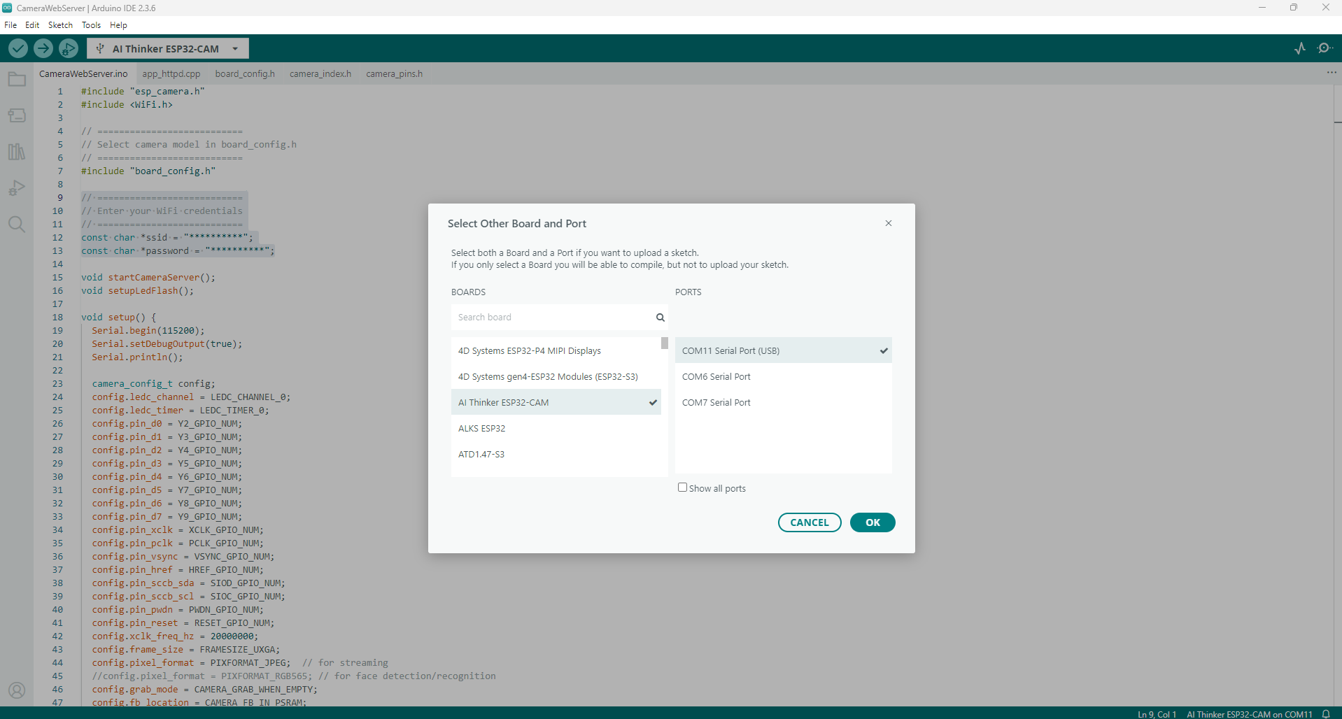 ESP32-CAM Boards and Ports Setup