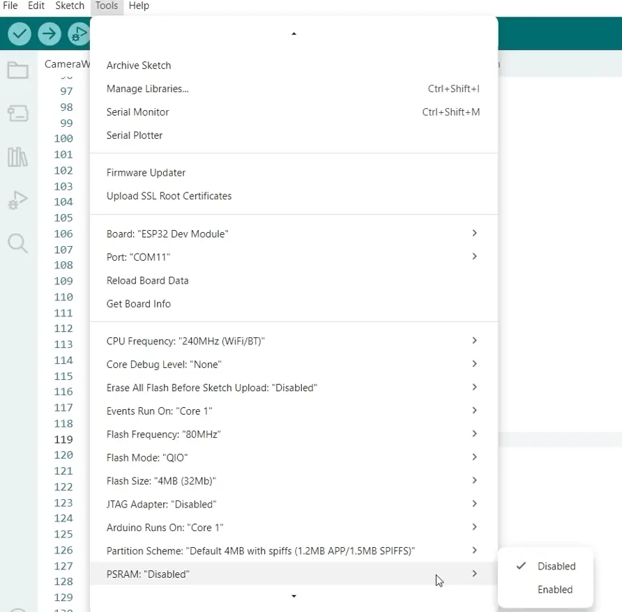 Arduino IDE PSRAM Enabled
