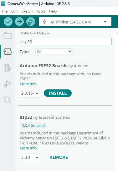 Arduino IDE ESP32 Board Manager