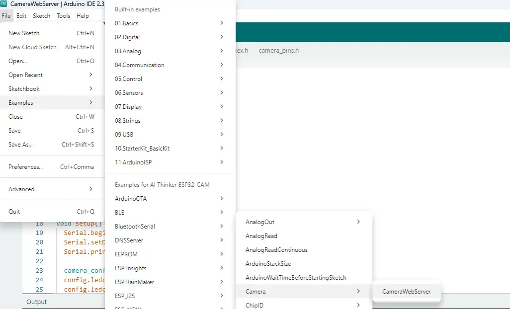 ESP32-CAM CameraWebServer.ino sketch